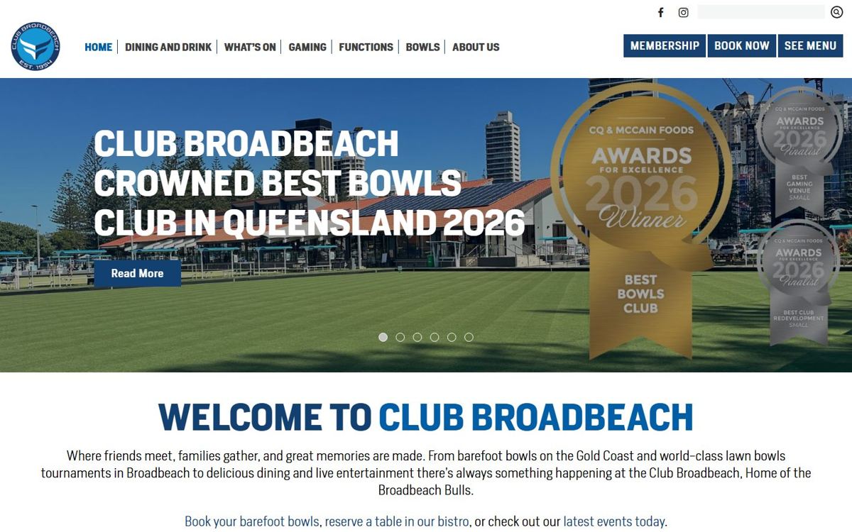 Club Broadbeach website homepage, built by WP Easy